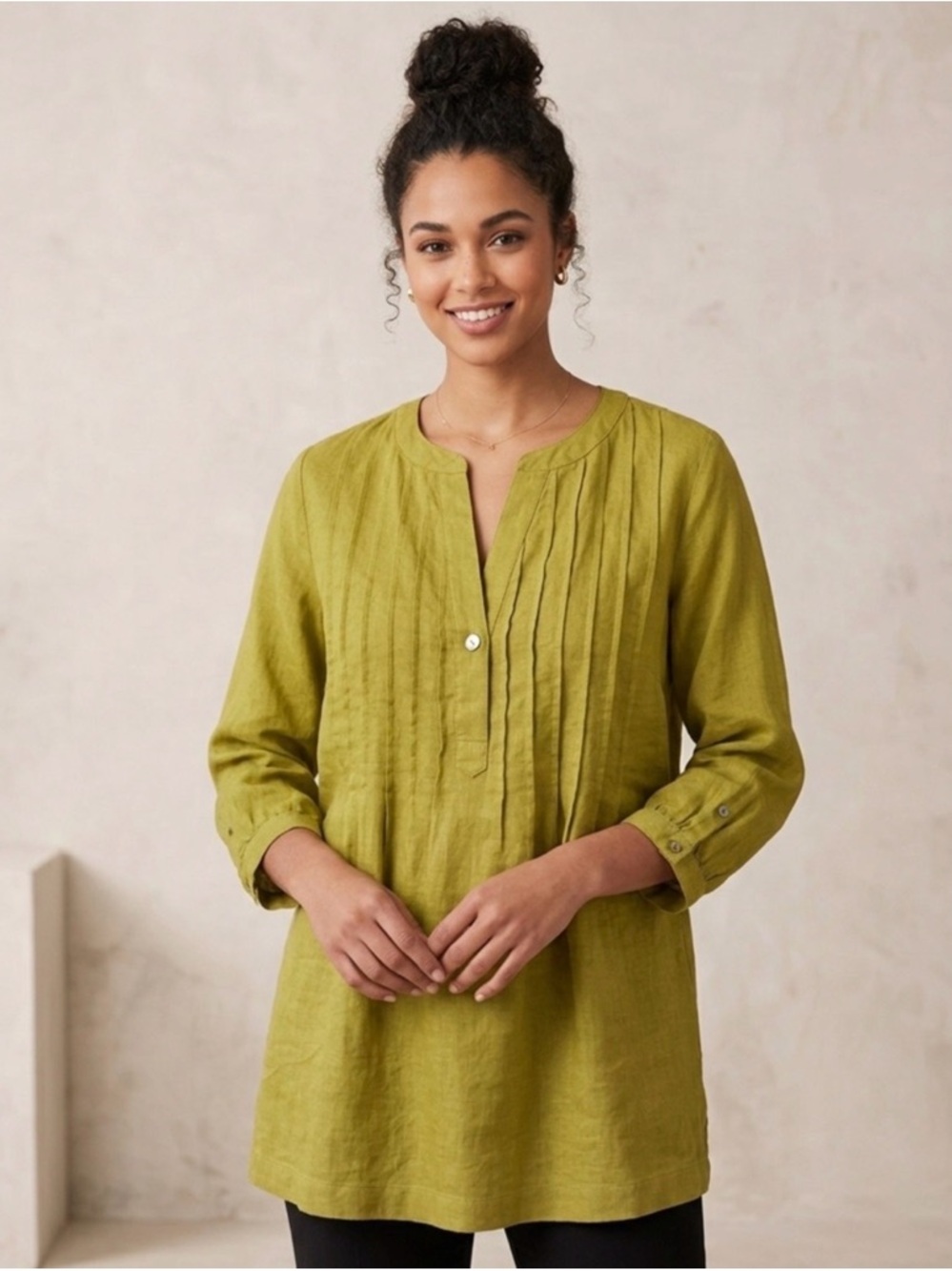 John Mark Olive Green Linen Pintuck Tunic NWT Size Large